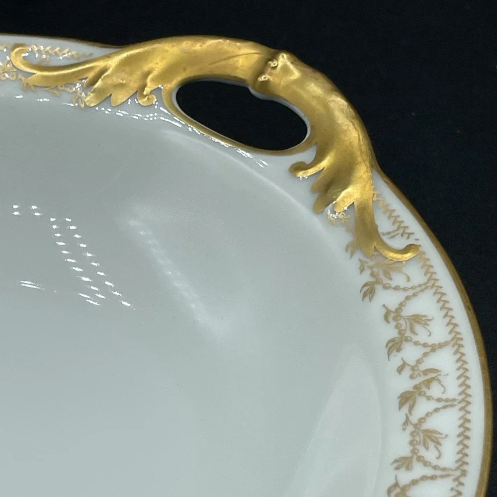 Antique Haviland & Co Limoges France Handled Nappy Bowl Dish Gold Red Green Band